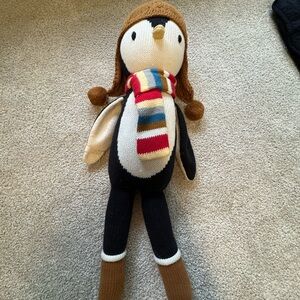 Cozy Knit Penguin Stuffed Animal with Striped Scarf